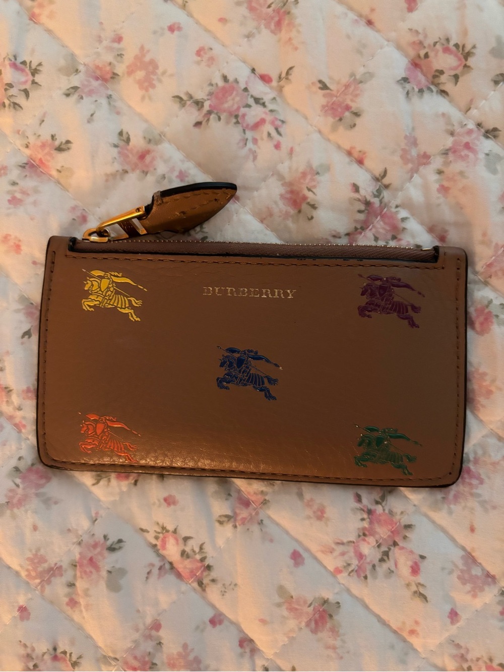 Burberry Brown Leather Zip Card Holder with Multicolor Equestrian Motifs